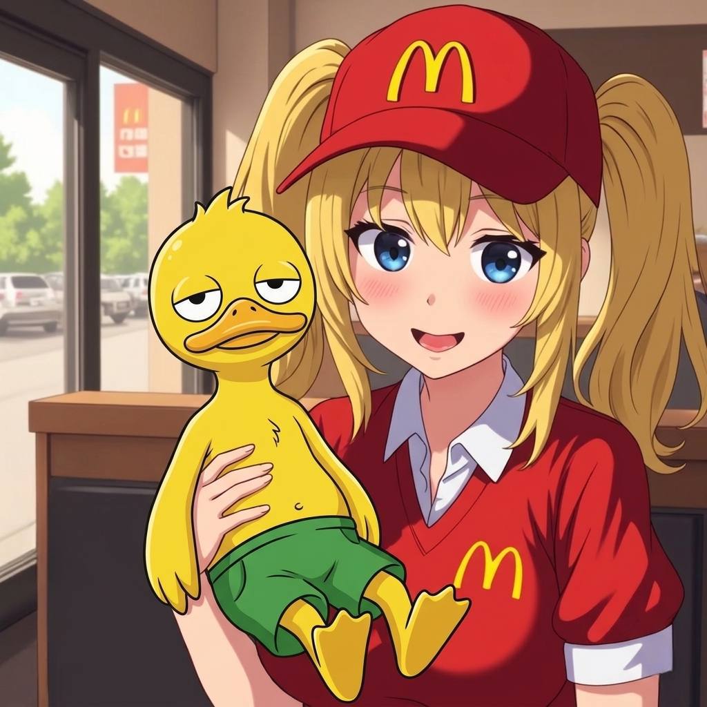 QUACKY being held at the counter